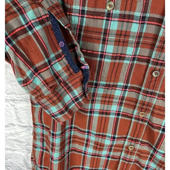 SCOTCH AND SODA AMSTERDAM Men's Burnt Orange Turquoise Plaid Button Down Large - Picture 2 of 6